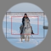 ©  - Objektīvs kamerā veido apļveida attēlu. Melnais rāmis attēlā atzīmē laukumu, kas ir notverts ar pilna kadra matricas (FX) kameru. Sarkanais rāmis atzīmē laukumu, kas iemūžināts ar nepilna kadra matricas (DX) kameru. 
